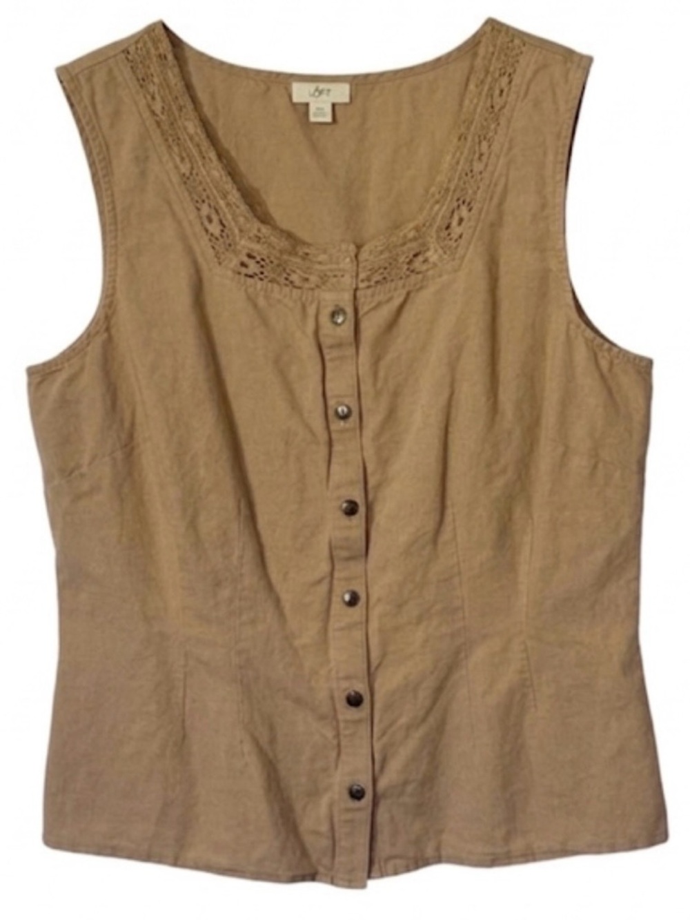 J.Jill Linen Cotton Sleeveless Top Khaki Lace Trim V-Neck Blouse Medium Petite